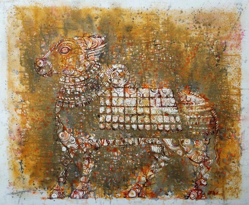 Religious acrylic painting titled 'Nandi Sacred Bull', 36x48 inches, by artist Ram Thorat on Canvas