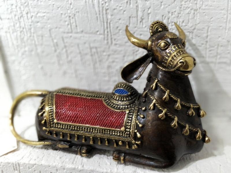Animals sculpture titled 'Nandi Sitting 2', 11x15x4 inches, by artist Kushal Bhansali on Brass