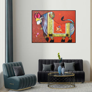 Ashok Rathod's 'Nandikeshvara (Nandi's Divine Vision)' painting visualized above a sofa in a contemporary room.