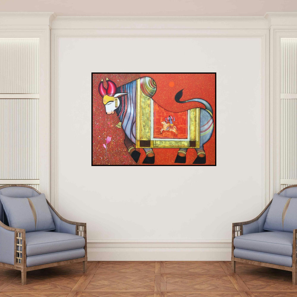 'Nandikeshvara (Nandi's Divine Vision)' painting by Ashok Rathod shown on a wall in a furnished room.