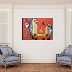 'Nandikeshvara (Nandi's Divine Vision)' painting by Ashok Rathod shown on a wall in a furnished room.