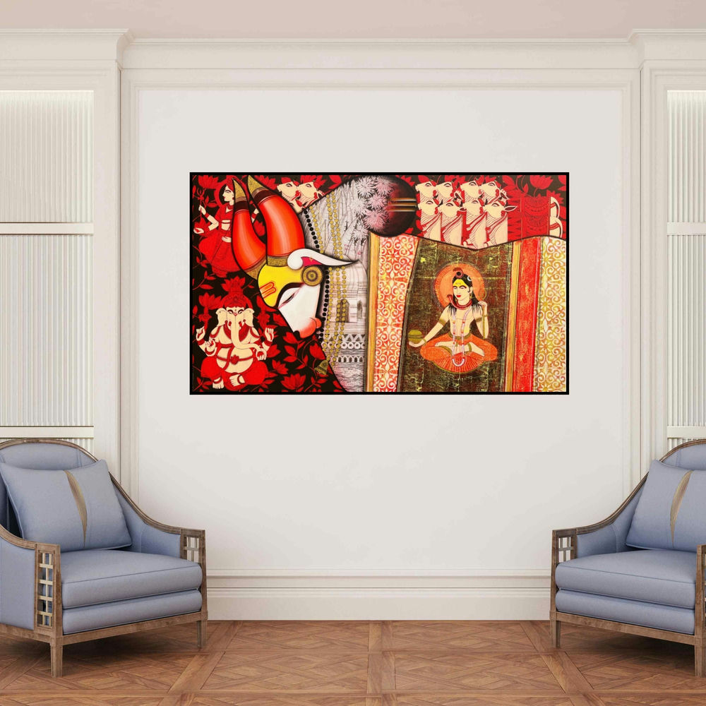 'Nandishwara 1 (Sacred Trinity)' painting by Ashok Rathod shown on a wall in a furnished room.