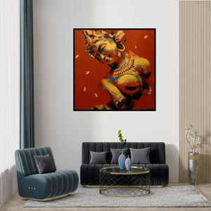 Preview of 'Nartika (Graceful Divinity)' Painting by Devendra Nimbargikar shown on a wall in a furnished room.