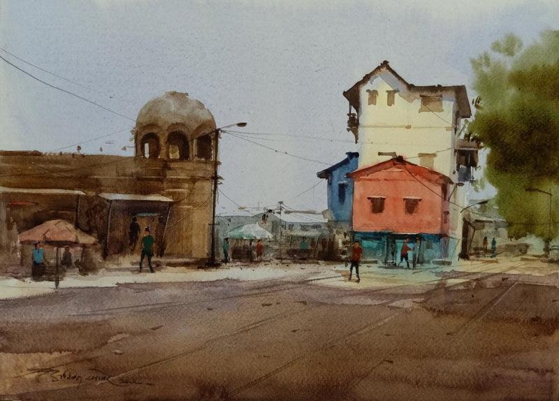 Cityscape watercolor painting titled 'Nashik', 11x15 inches, by artist Ashwin Khapare on Paper