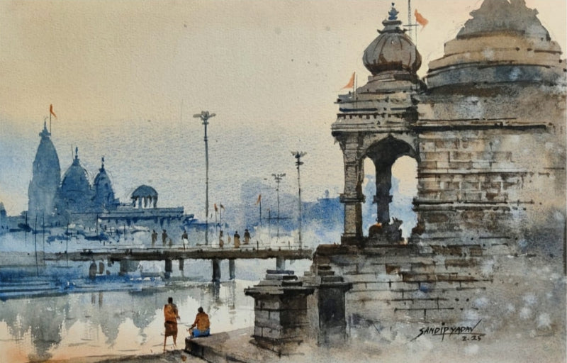 'Nashik Ghat 2' religious watercolor painting by artist Sandeep Yadav, 10x15 inch, on paper
