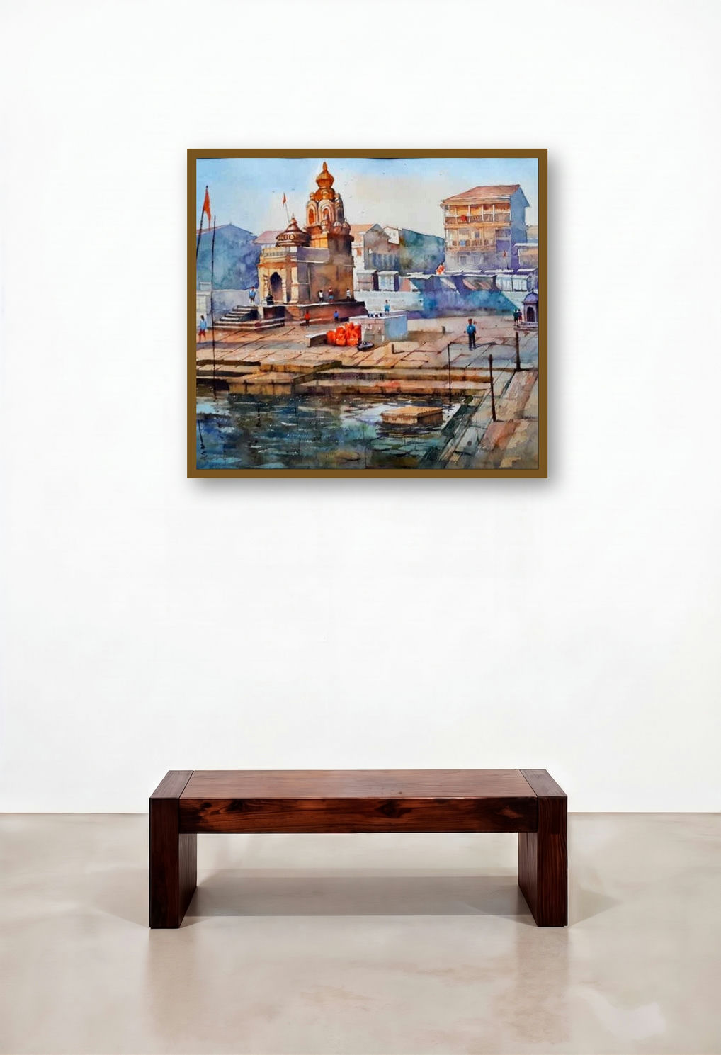Nashik Ghat (Morning at the Ghats) by artist Jitendra Divte displayed in a Japandi Living Room