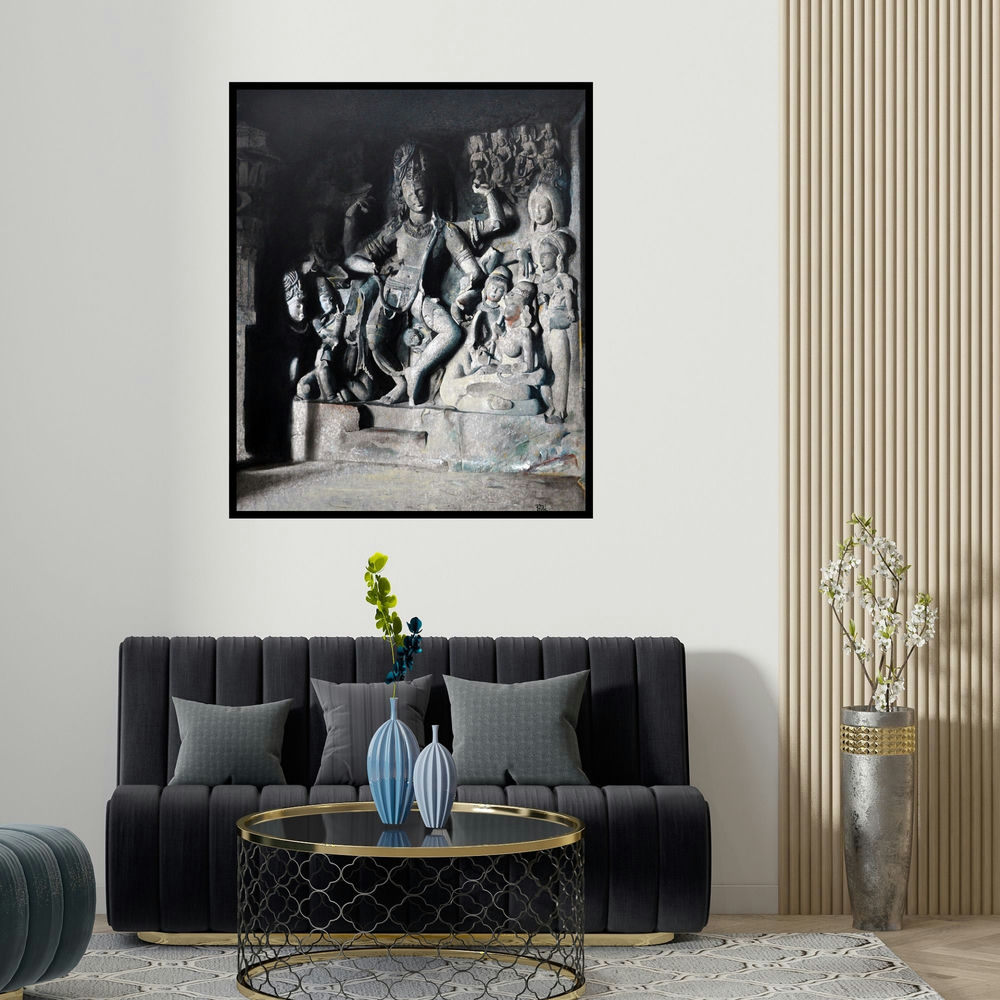 'Nataraja The Dancing Siva (Shiva's Cosmic Dance)' painting by Raju More shown on a wall in a furnished room.