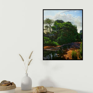 Sanjay Sarfare's 'National Park River' painting visualized above a sofa in a contemporary room.