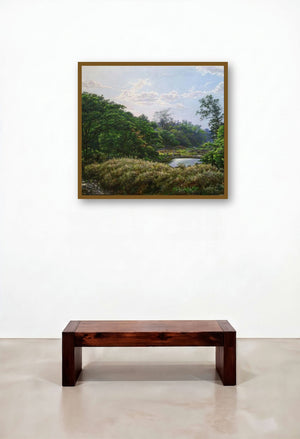 National Park1 (Riverside Reverie) by artist Sanjay Sarfare displayed in a Minimalist Hotel Lobby