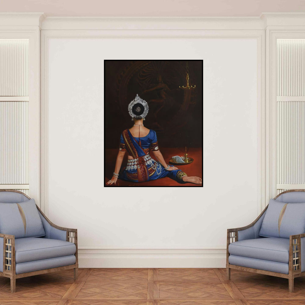 'Natraj (Dancer in Divine Presence)' painting by Kamal Rao shown on a wall in a furnished room.
