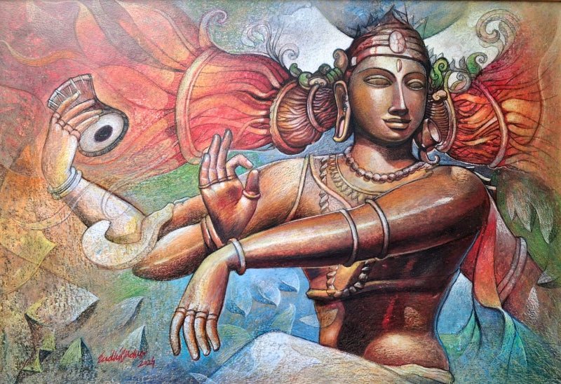 'Natraj' religious mixed-media painting by artist Sudhir Meher, 29x41 inch, on mount board