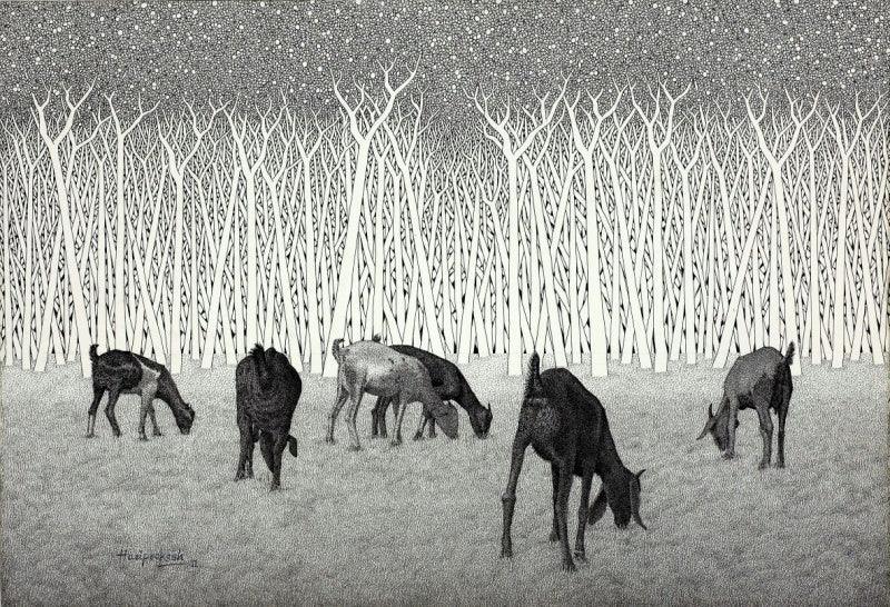 Figurative pen ink drawing titled 'Nature 1107', 26x38 inches, by artist Prakash Ghadge on Canvas