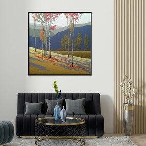 Satish Mane's 'Nature 3 (Whispers of the Woods)' painting visualized above a sofa in a contemporary room.