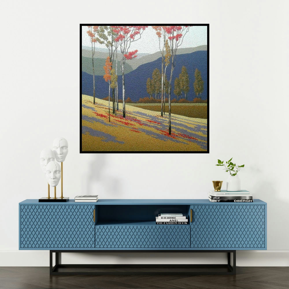 'Nature 3 (Whispers of the Woods)' painting by Satish Mane shown on a wall in a furnished room.