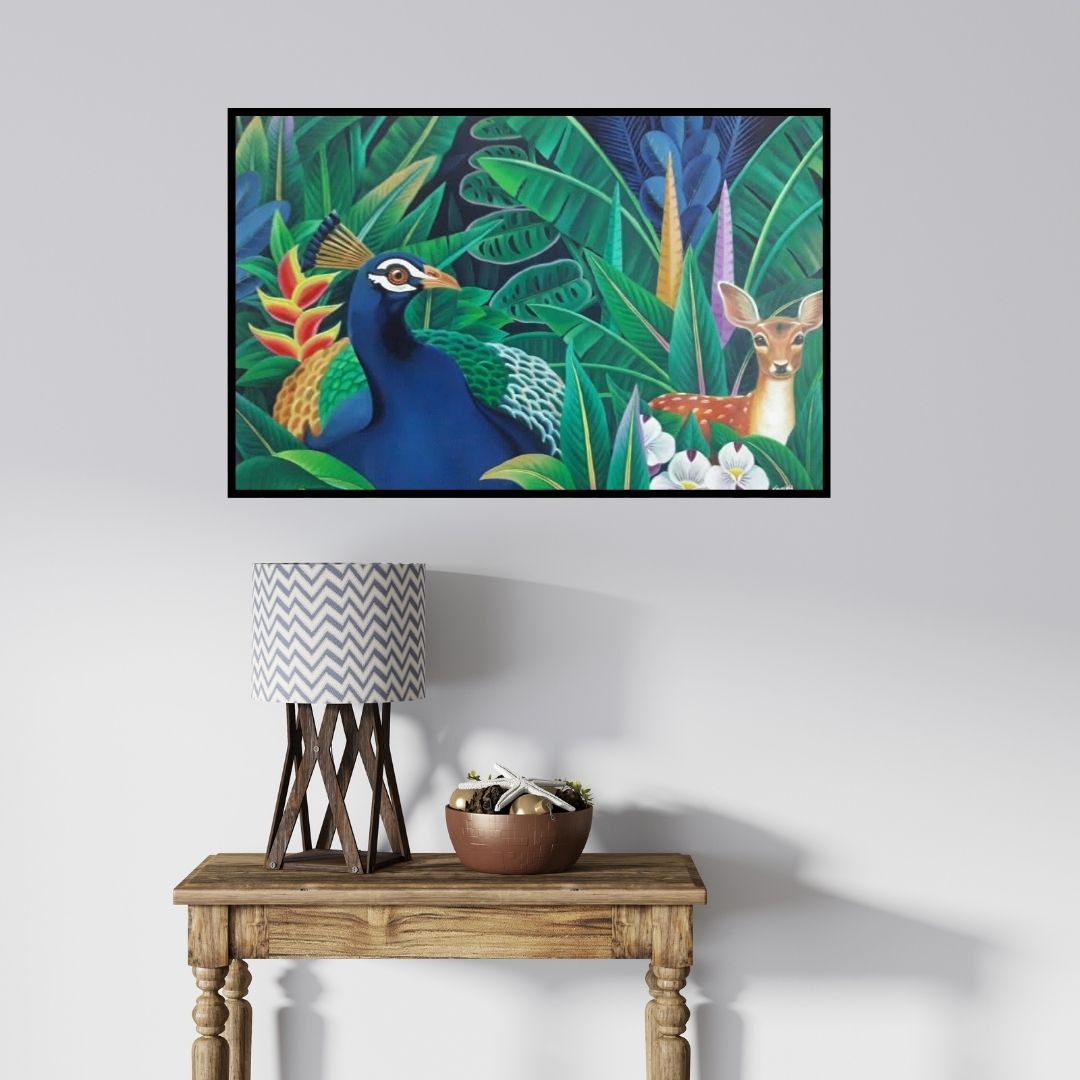 In-situ view of Murali Nagapuzha's 'Nature 3 (Jungle Encounter)' painting in a room