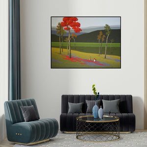 Satish Mane's 'Nature 4 (The Scarlet Sentinel)' painting visualized above a sofa in a contemporary room.