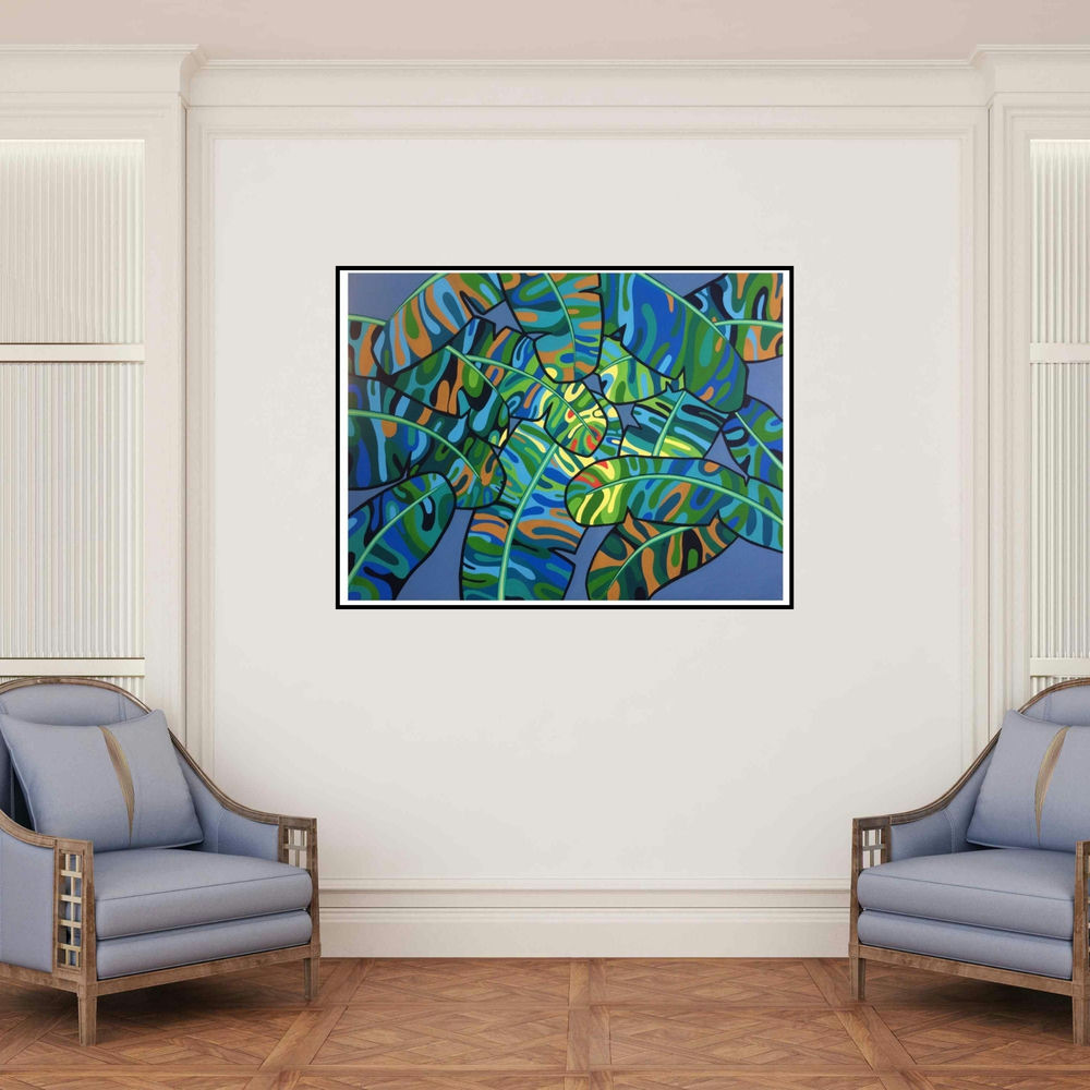 'Nature 4 (Leafy Rhapsody)' painting by Manish Dey shown on a wall in a furnished room.