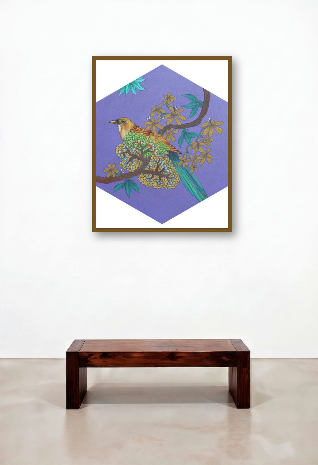 Nature 40 (Hexagonal Harmony II) by artist Raghu Akula displayed in a Rustic Bedroom