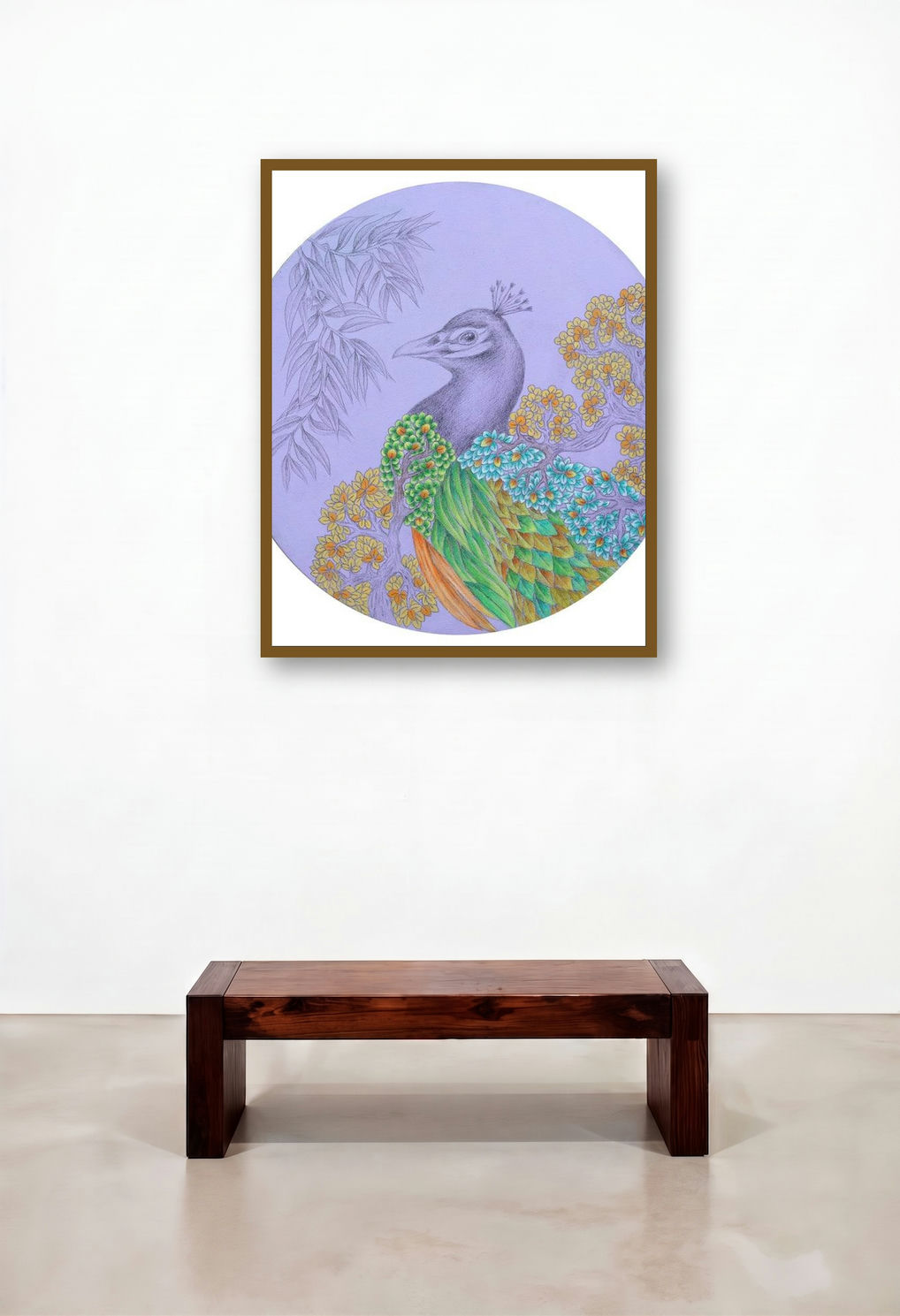 Nature 41 (Peacock in Bloom) by artist Raghu Akula displayed in a Scandinavian Foyer