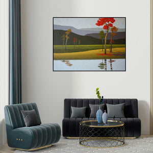 Satish Mane's 'Nature 5' painting visualized above a sofa in a contemporary room.