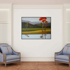 'Nature 5' painting by Satish Mane shown on a wall in a furnished room.