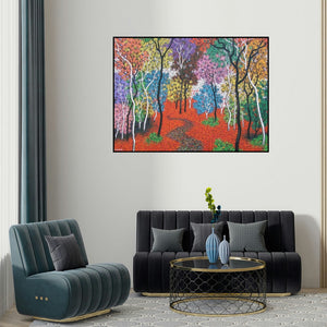 Sanjay Devsale's 'Nature 5 (Chromatic Path)' painting visualized above a sofa in a contemporary room.