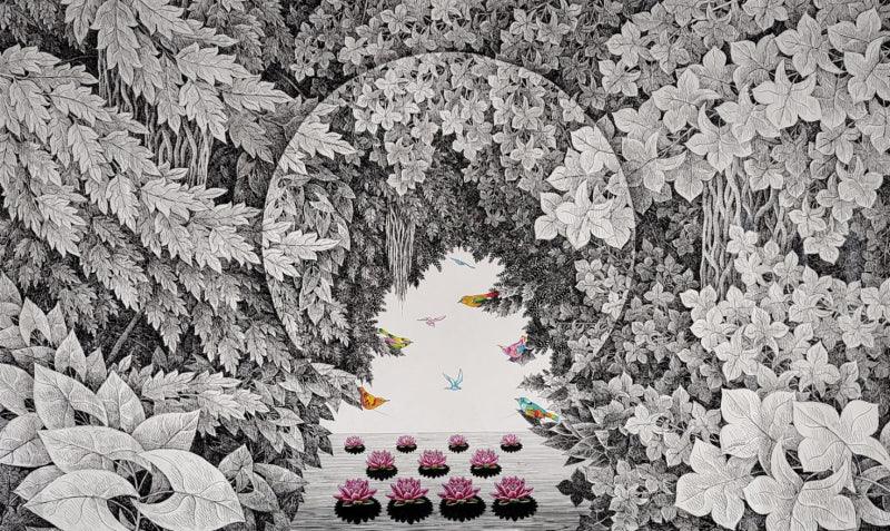 Nature acrylic ink painting titled 'Nature 5', 36x60 inches, by artist Umakant Kanade on Canvas