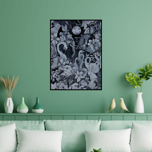 Preview of 'Nature (Night Serenade)' Painting by Joydeep Bhattachrjee shown on a wall in a furnished room.