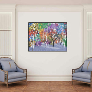 'Nature 8 (Rainbow Forest)' painting by Sanjay Devsale shown on a wall in a furnished room.