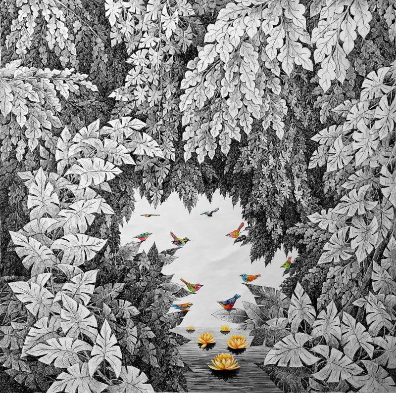 Nature pen ink drawing titled 'Nature 98', 36x36 inches, by artist Umakant Kanade on Canvas