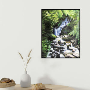 Nitin Kitukale's 'Nature Alchemy (Cascading Serenity)' painting visualized above a sofa in a contemporary room.