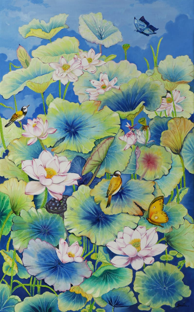 'Nature Basket 38' nature oil painting by artist Sulakshana Dharmadhikari, 40x38 inch, on canvas