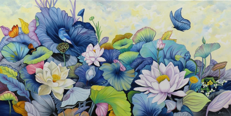 'Nature Basket 49' nature oil painting by artist Sulakshana Dharmadhikari, 36x72 inch, on canvas