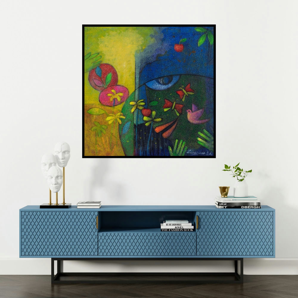'Nature Eye (The Garden of Dreams)' painting by Chandana Bhattacharjee shown on a wall in a furnished room.