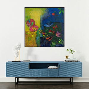'Nature Eye (The Garden of Dreams)' painting by Chandana Bhattacharjee shown on a wall in a furnished room.