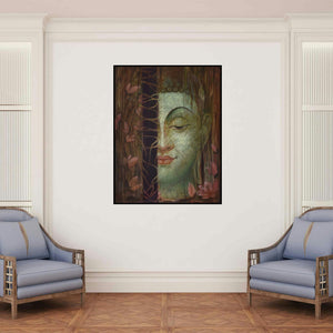 'Nature Is God (Serene Buddha Face)' painting by Durshit Bhaskar shown on a wall in a furnished room.