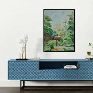 'Nature I (Secluded Haven)' painting by Bhavesh Patel shown on a wall in a furnished room.