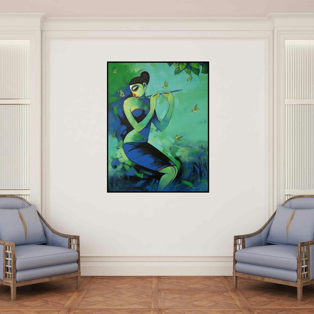 'Nature Lover' painting by Navnath Chobhe shown on a wall in a furnished room.