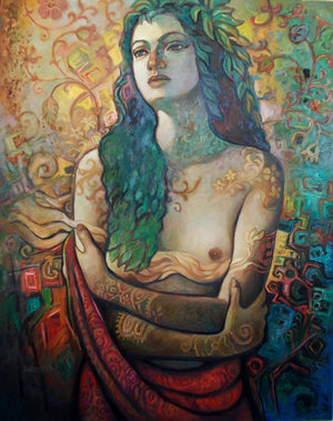 Nature Of Beauty1 by Rupchand Kundu, Original Oil Figurative Painting on Canvas, Medium Vertical Wall Art