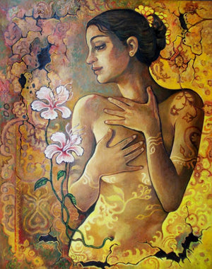 Nature Of Beauty3 (Essence of the Feminine) by Rupchand Kundu, Original Oil Figurative Painting on Canvas, Medium Vertical Wall Art