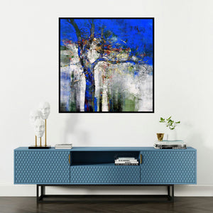 'Nature Tree' painting by Bhaskar Rao shown on a wall in a furnished room.