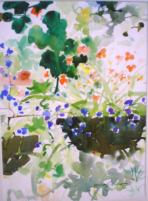 Nature With Vase (Garden Vista) by Manas Biswas, Original Watercolor Nature Painting on Paper, Small Vertical Wall Art