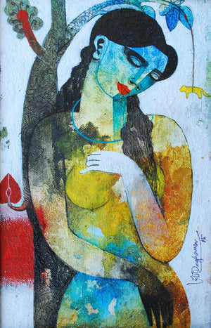 Nature With Woman (Natures Embrace) by Appam Raghavendra, Original Acrylic Figurative Painting on Canvas, X-Small Vertical Wall Art