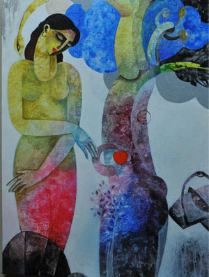 Nature With Woman Ii (Kindred Spirits) by Appam Raghavendra, Original Acrylic Figurative Painting on Canvas, Medium Vertical Wall Art