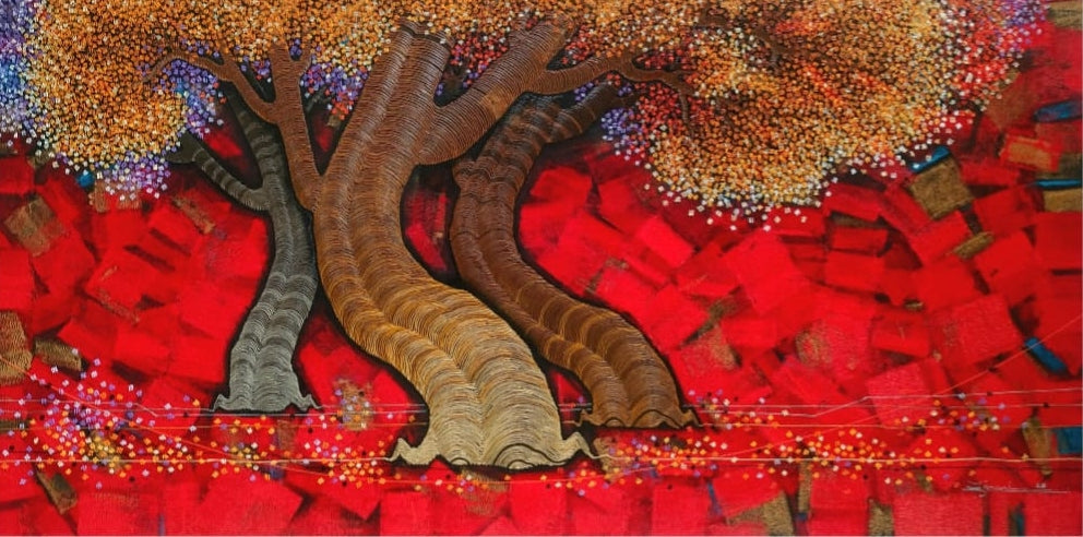 'Natures Elegance' nature acrylic painting by artist Rahul Dangat, 30x60 inch, on canvas