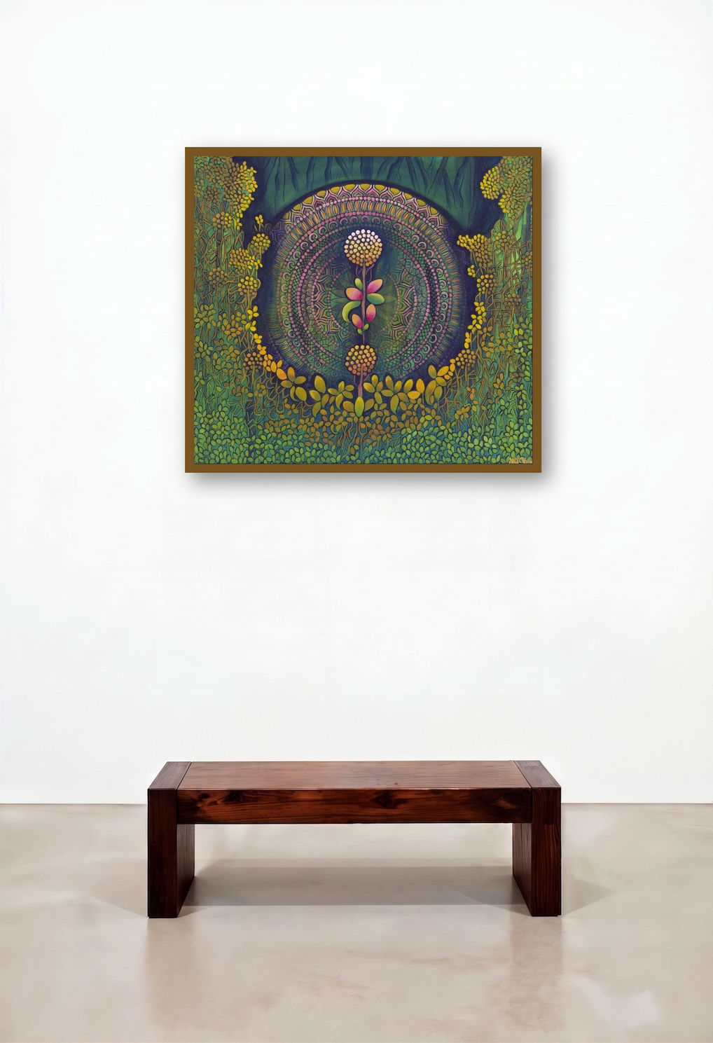 Natures Paradise (The Sacred Bloom) by artist Nitu Chhajer displayed in a Minimalist Bedroom