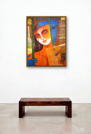 Nautanki Series 3 (Contemplation in Color) by artist Chaitali Mukherjee displayed in a Industrial Dining Room