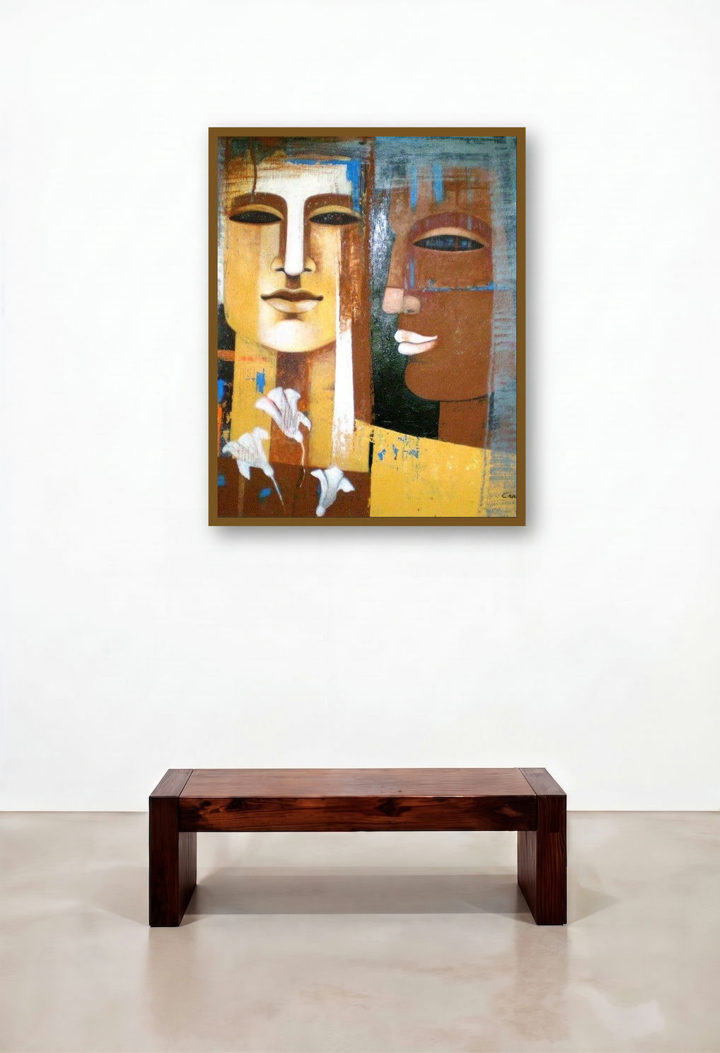 Nautanki Series 4 (Two Faces) by artist Chaitali Mukherjee displayed in a Rustic Foyer