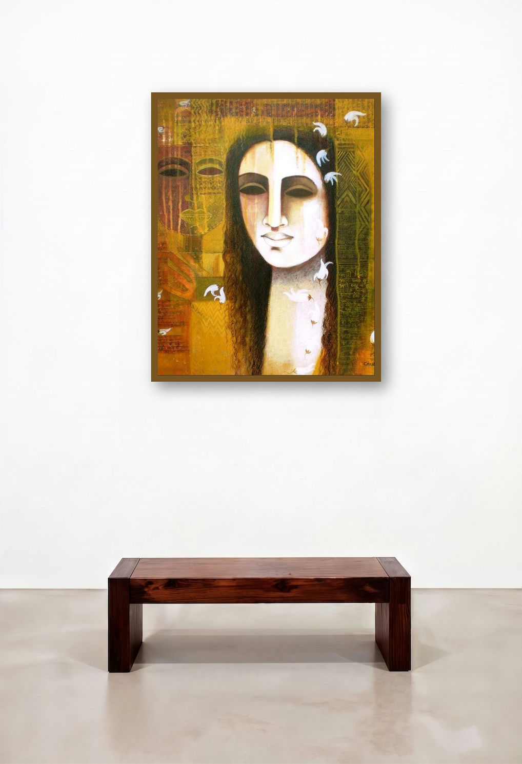 Nautanki Series 5 (Golden Gaze) by artist Chaitali Mukherjee displayed in a Urban Loft Library