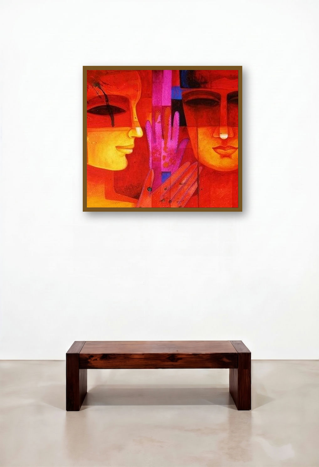 Nautanki Series 7 (Crimson Connection) by artist Chaitali Mukherjee displayed in a Japandi Executive Office